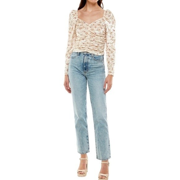 NWT WAYF Top Closing Time Ruched Floral Velvet Blouse Cream Women’s Size Large - Picture 7 of 13
